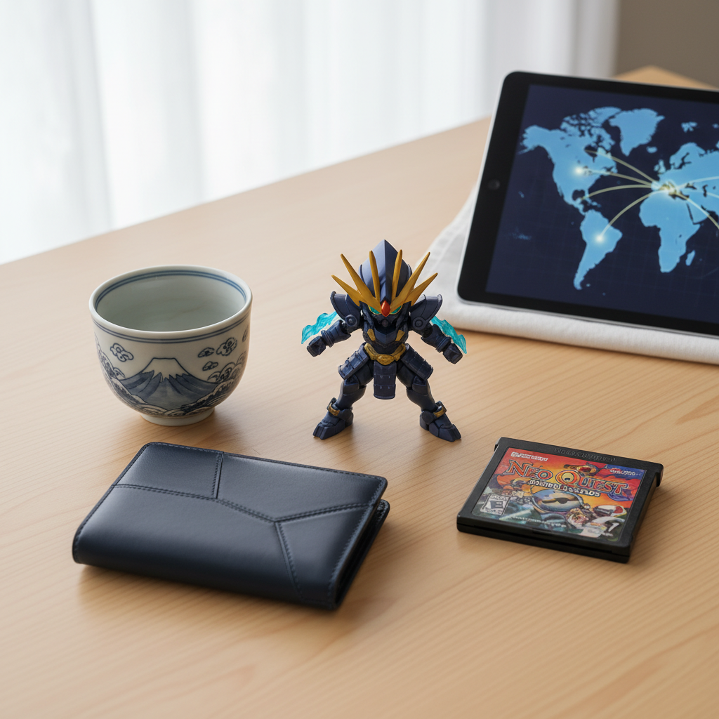 An inviting flat lay of authentic Japanese products like an anime figure and fashion, with a tablet showing a world map,