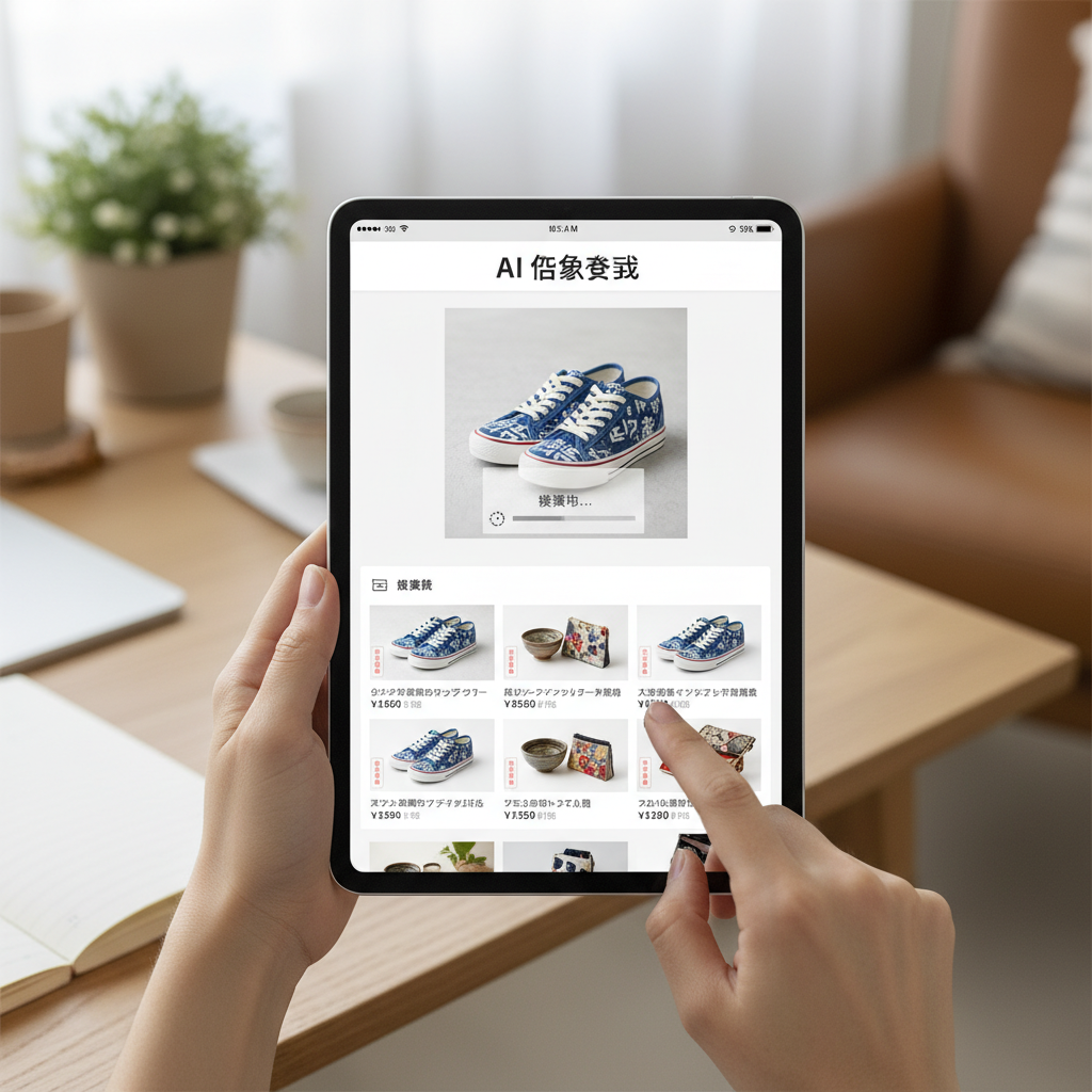 Hands using a tablet with an AI image search feature on a Japanese proxy shopping platform, showcasing modern tools for 