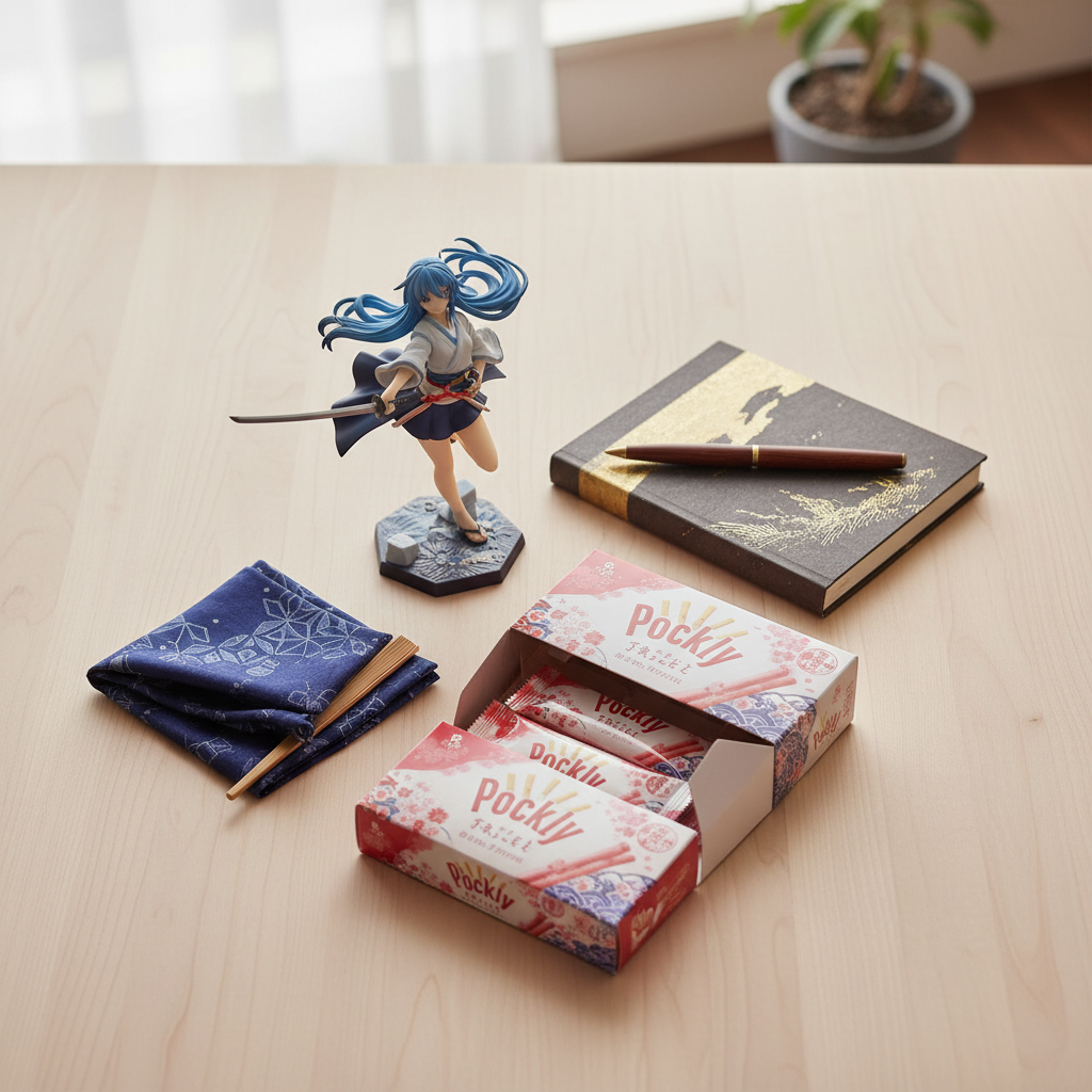 A curated collection of authentic Japanese products, including an anime figure, fashion accessory, snacks, and stationer