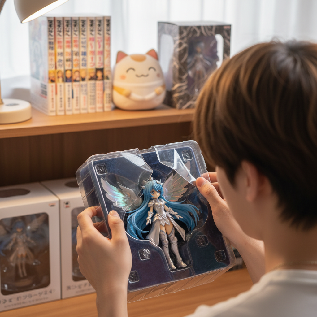 An anime fan unboxing a limited-edition figure, showcasing the excitement of receiving unique merchandise through a Japa