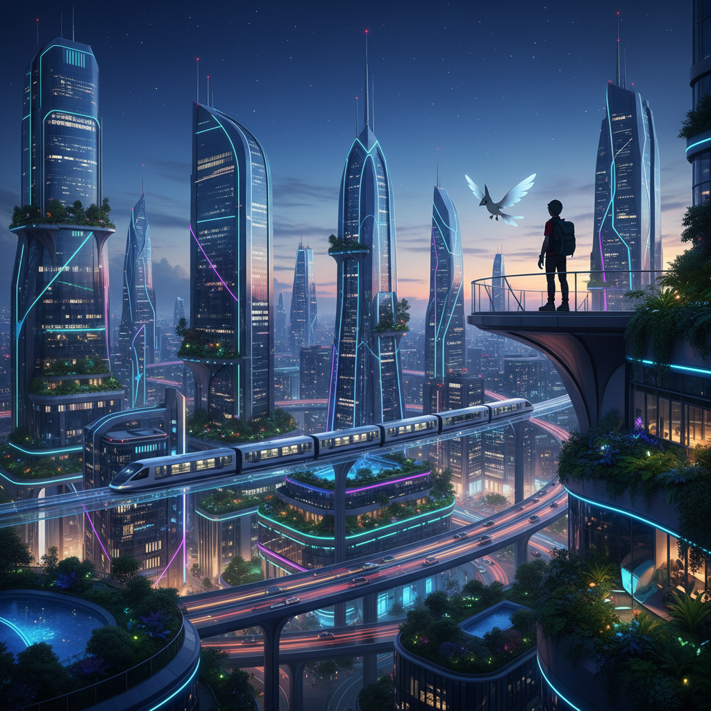Panoramic view of futuristic Lumiose City at twilight, showcasing urban harmony in Pokémon Legends: Z-A.