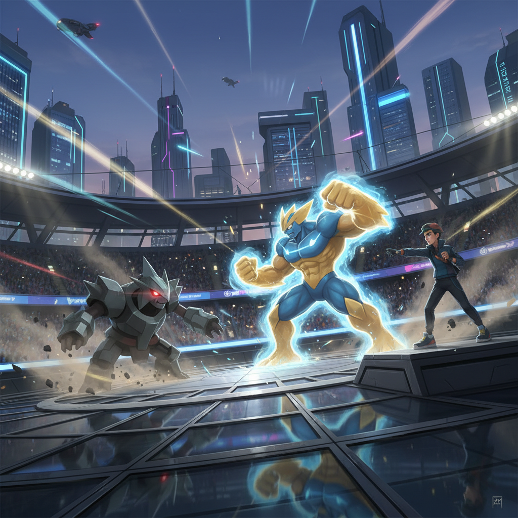 Dynamic Pokémon battle with a powerful, glowing creature in a futuristic Lumiose City arena, highlighting Mega Evolution
