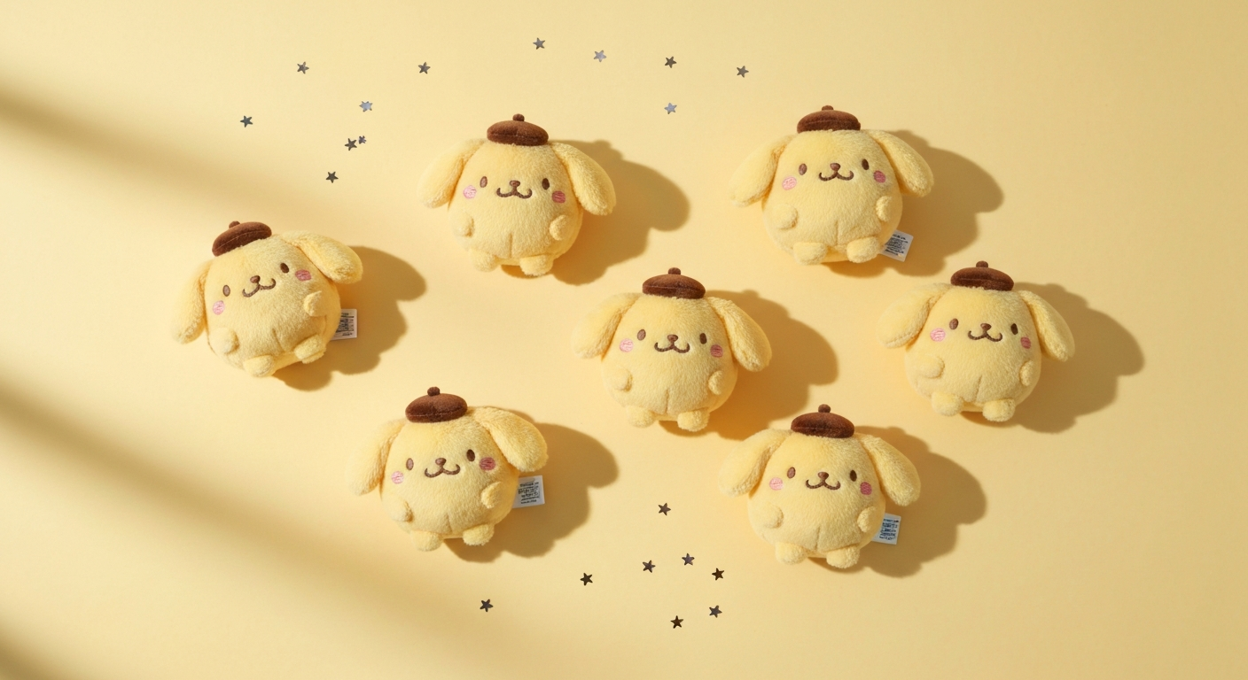 Pompompurin Sanrio golden retriever plush collection flat lay