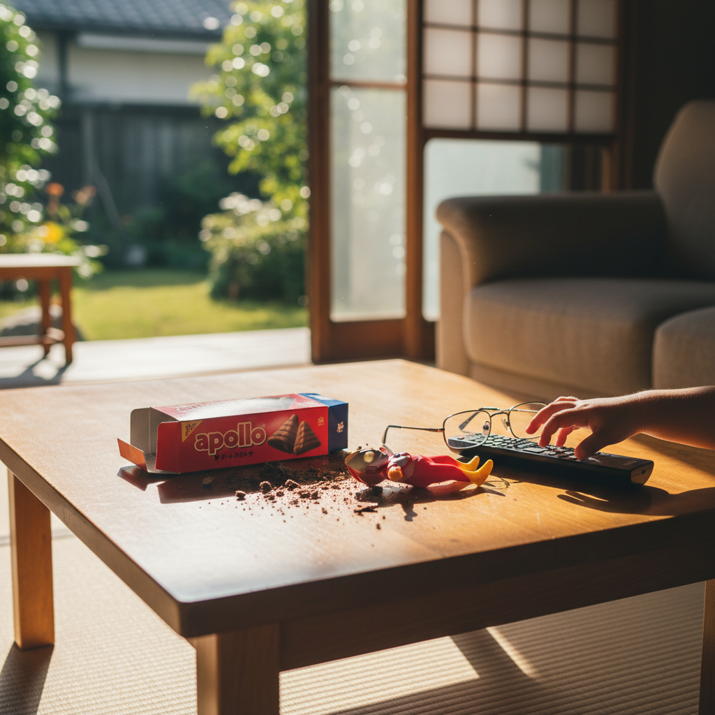 A child's hand reaching for a remote control next to a box of chocolate biscuits and a toy, evoking Shin-chan's playful 