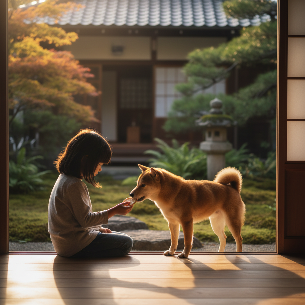 A child gently shares a snack with a dog in a peaceful Japanese garden, reflecting the warmth in Shin-chan's stories.