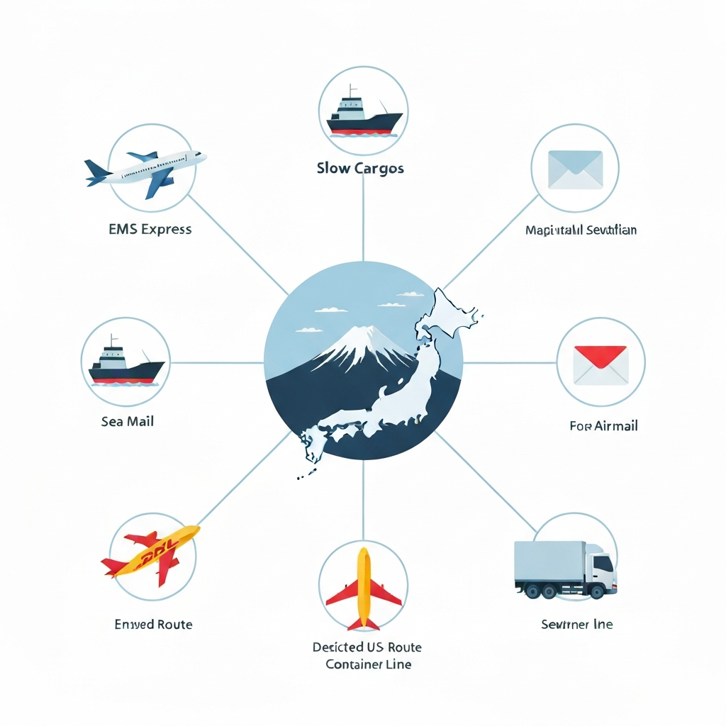 Comparison of six international shipping methods from Japan including EMS, Seamail, Airmail, DHL, ECMS and domestic delivery