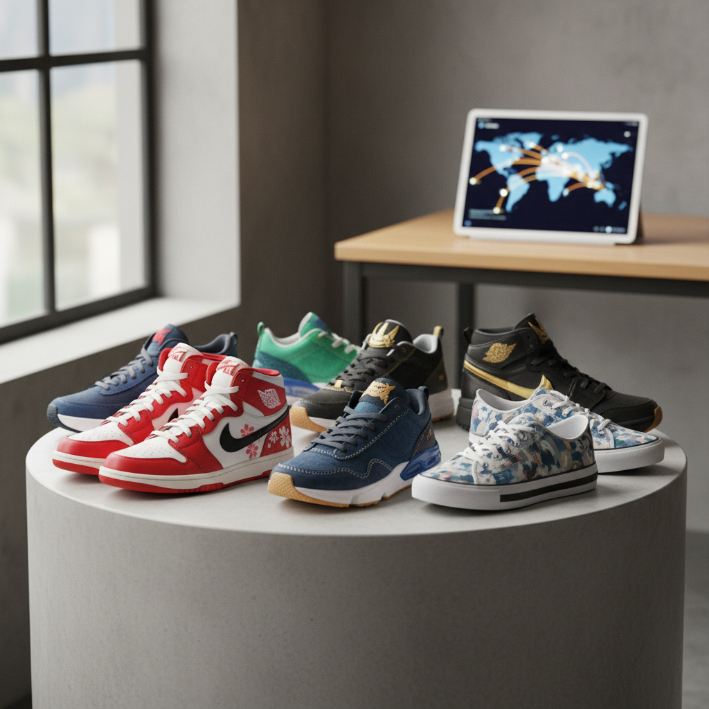 A pristine collection of rare, Japan-exclusive sneakers, including unique colorways, displayed ready for purchase via SN