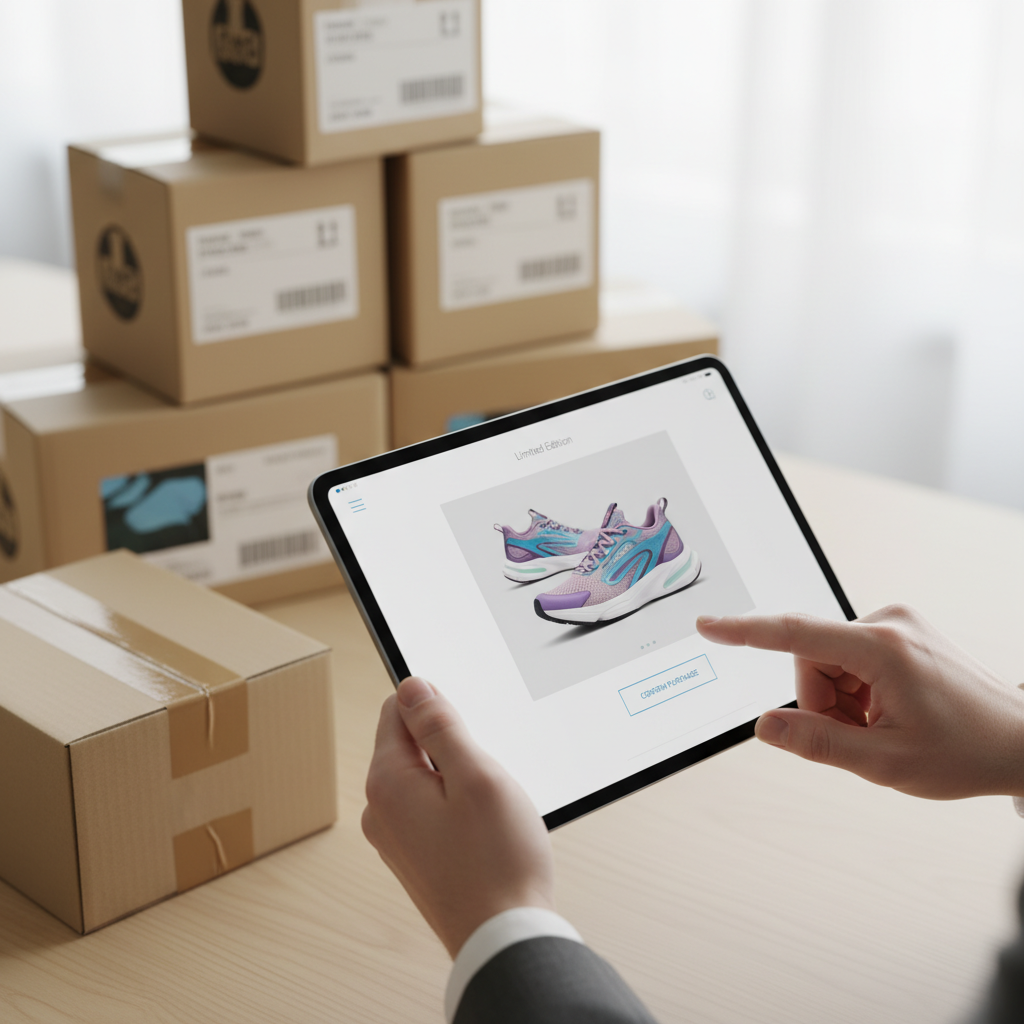 A person uses a laptop to browse and buy rare sneakers from SNKRDUNK Japan through a proxy service.