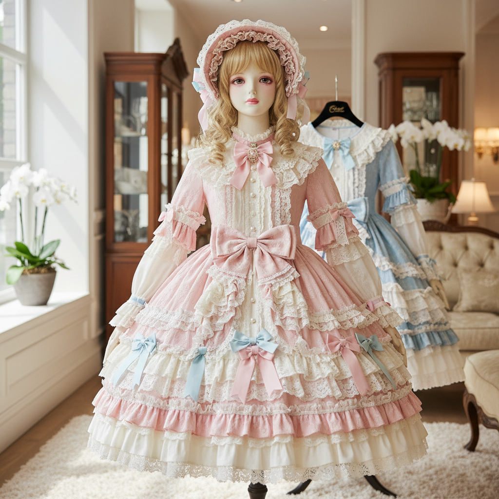 A meticulously crafted sweet Lolita dress, showcasing intricate lace and ruffles, representing premium Japanese Lolita b