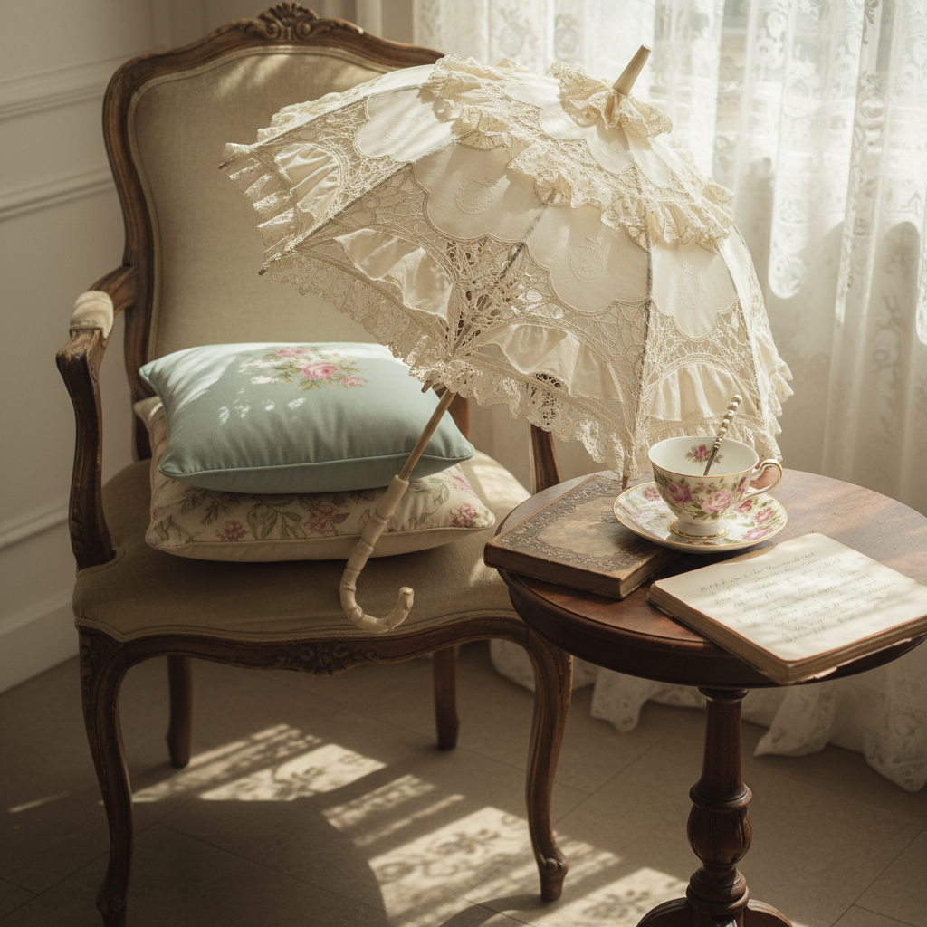 Elegant Lolita fashion accessories like a delicate parasol and teacup in a charming, sunlit room, reflecting Japanese Lo