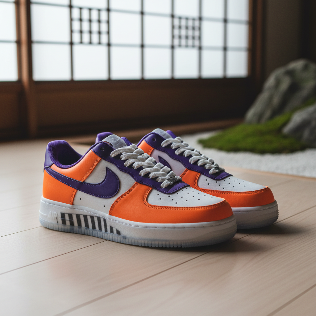 A pristine pair of vibrant, Japan-exclusive Nike sneakers, possibly a Shibuya Air Force 1, displayed on a wooden surface