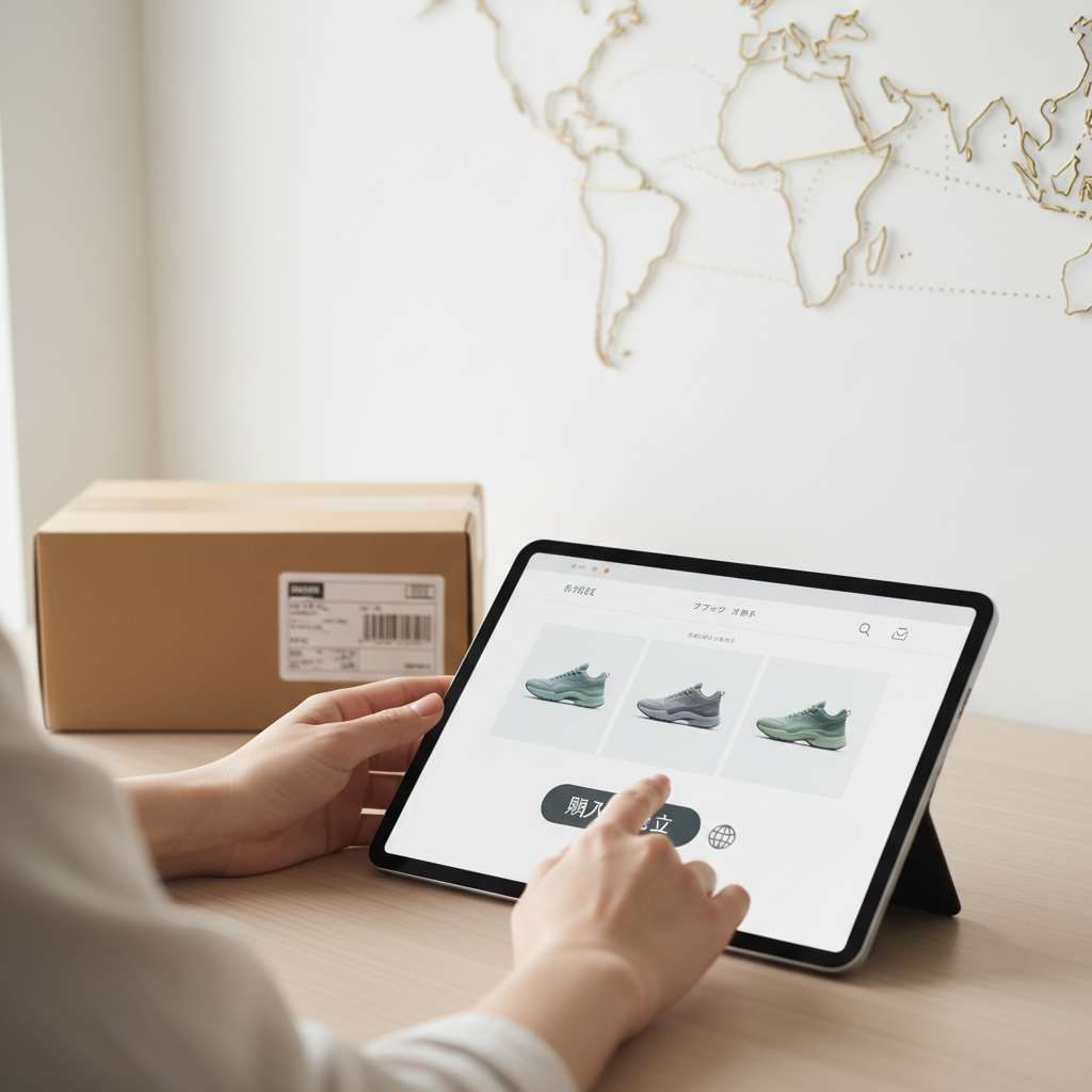 Hands using a tablet to browse a Japanese sneaker website, symbolizing how a proxy service helps buy exclusive Nike shoe