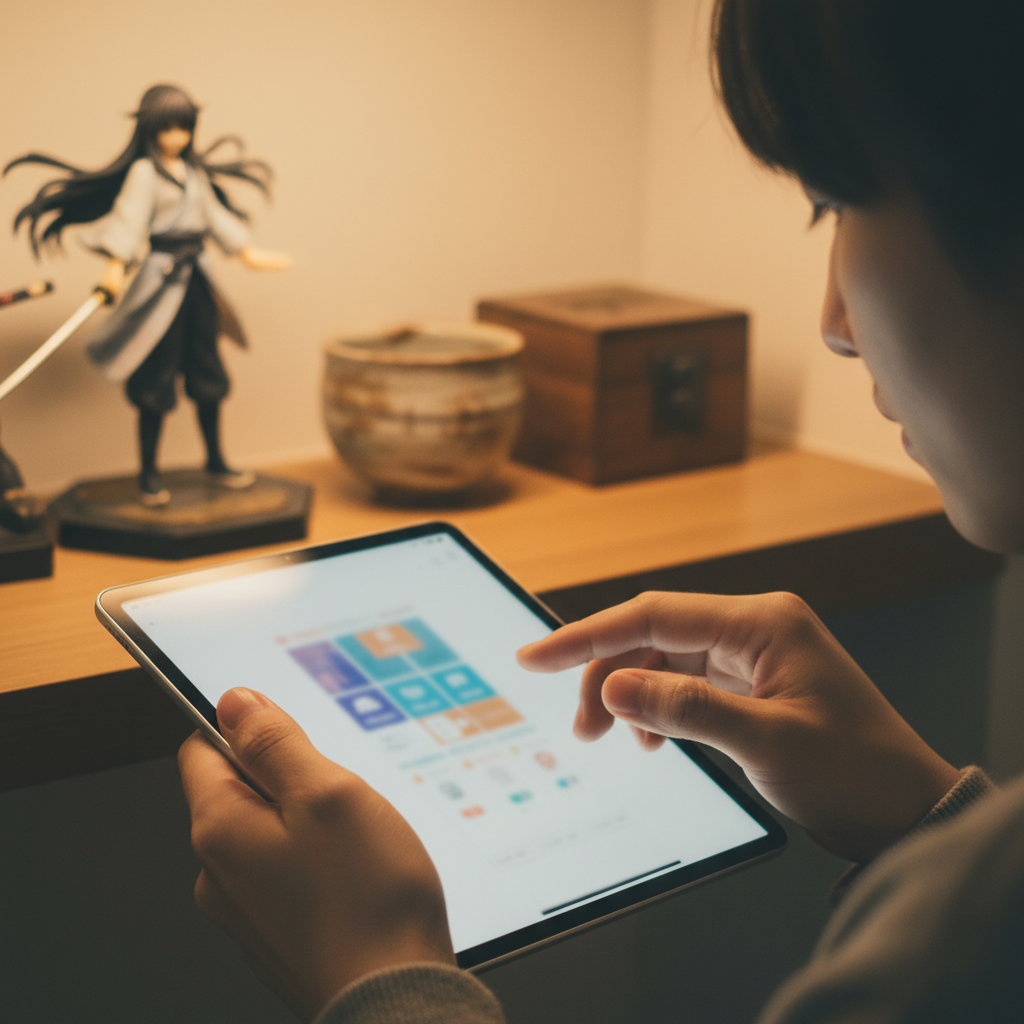 A person's hands carefully browsing a marketplace on a tablet, with Japanese collectibles in the background, illustratin