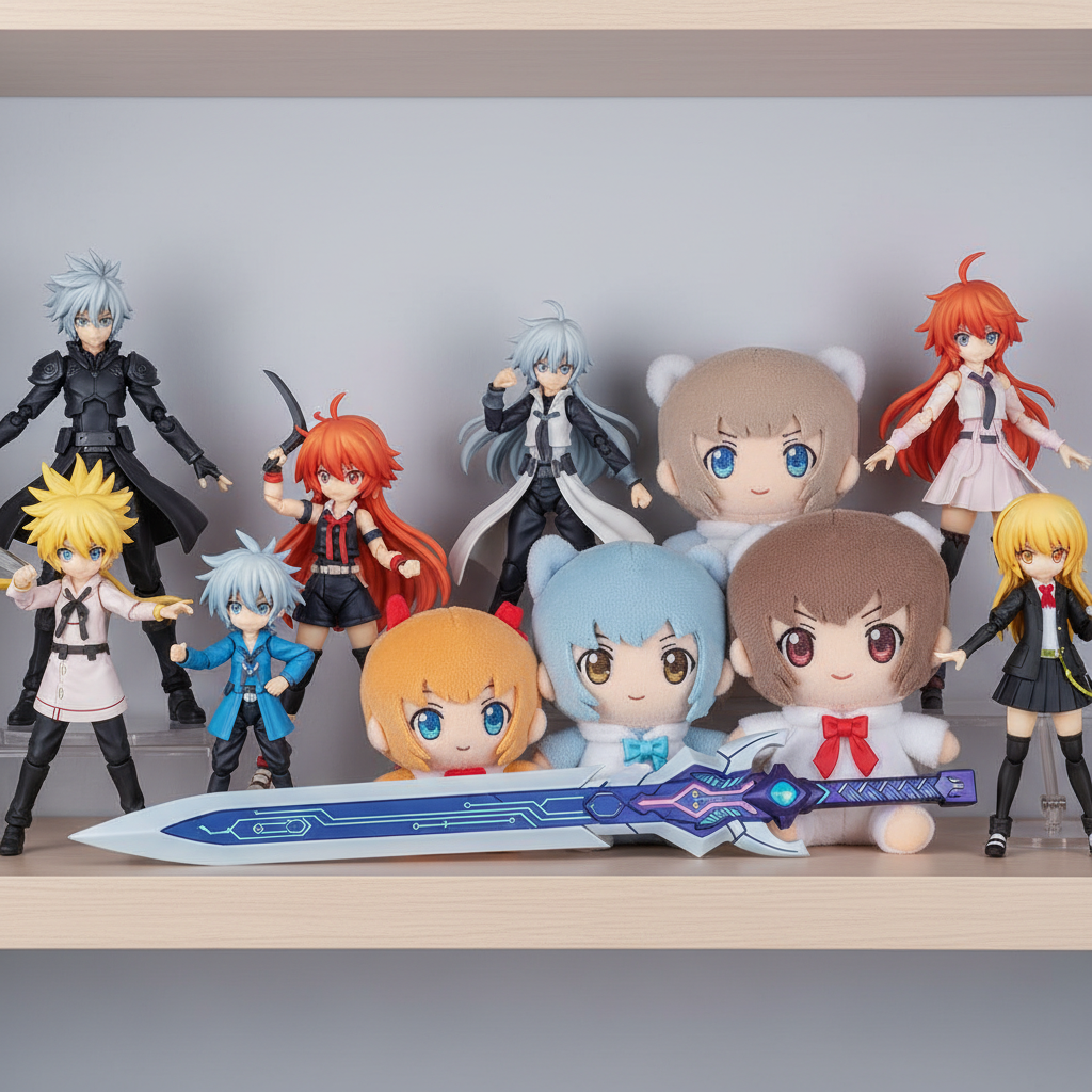 A diverse collection of high-quality anime merchandise, including figures and plushies, displayed on a shelf, representi