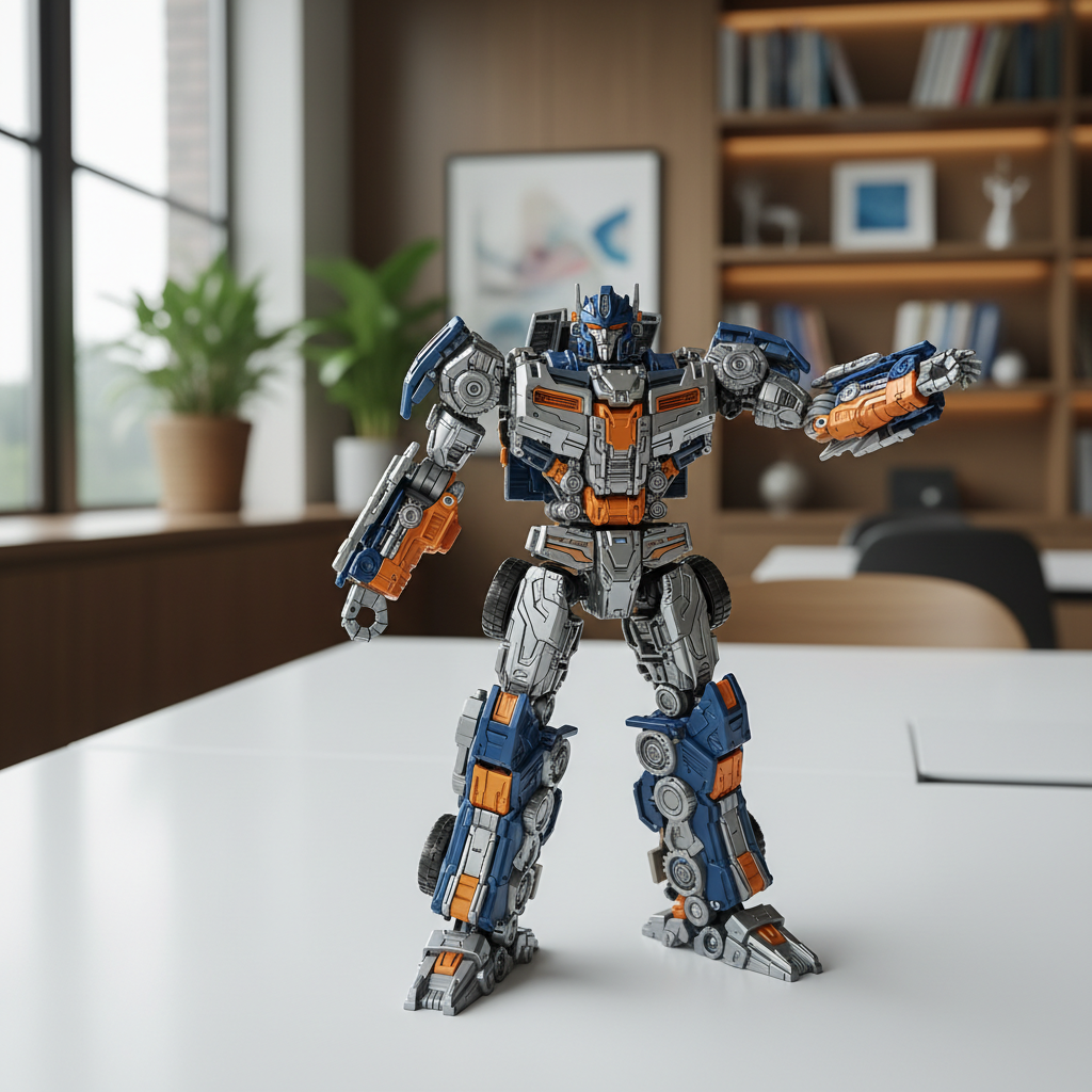 Introductory image of a generic transforming robot toy, showcasing a Japanese collector's item on a modern desk with sof