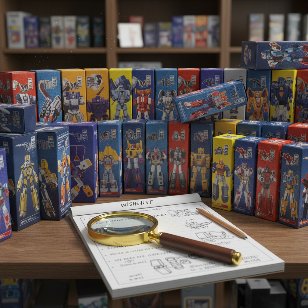 Collector's shelf with generic Japanese transforming robot toy boxes, a magnifying glass and notepad for selection.