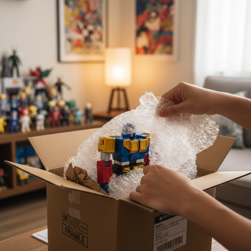Happy collector unboxing a new Japanese transforming robot toy, revealing a partial figure from a proxy parcel.