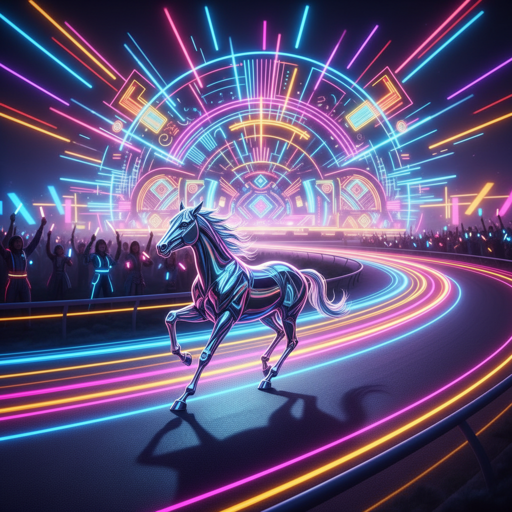 A vibrant, dynamic scene blending horse racing excitement with pop idol culture, capturing the essence of Umamusume: Pre