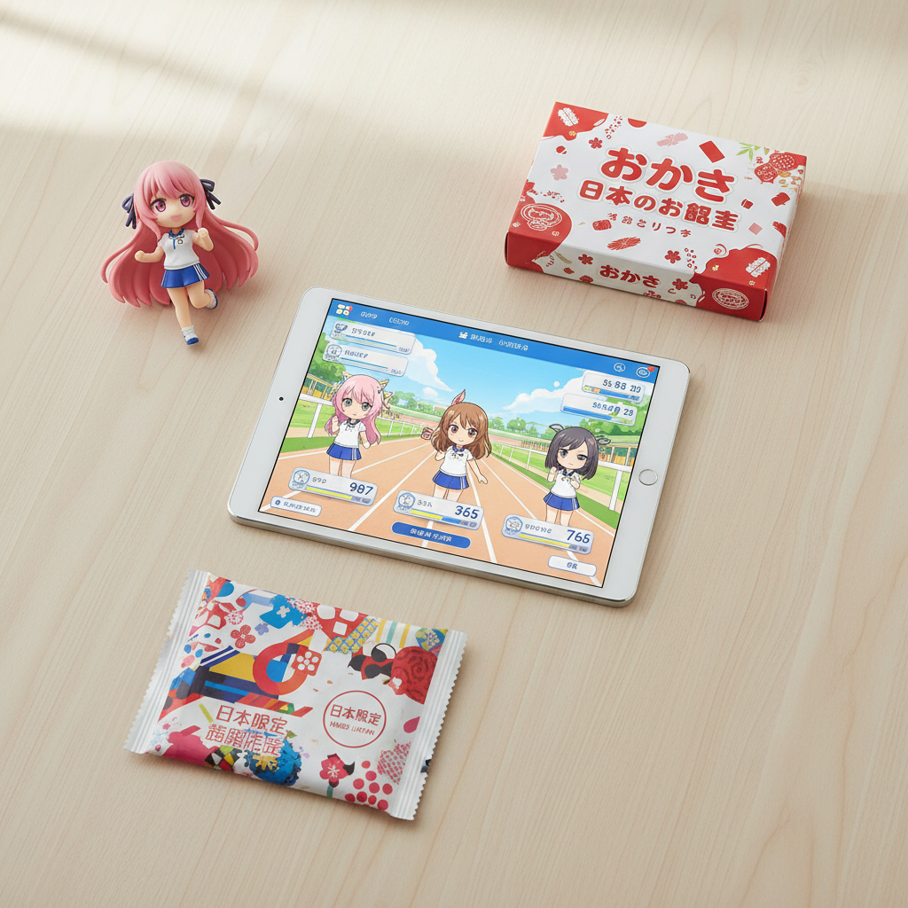 Japanese Umamusume game merchandise and a smartphone, symbolizing how to buy from Japan using a proxy service.