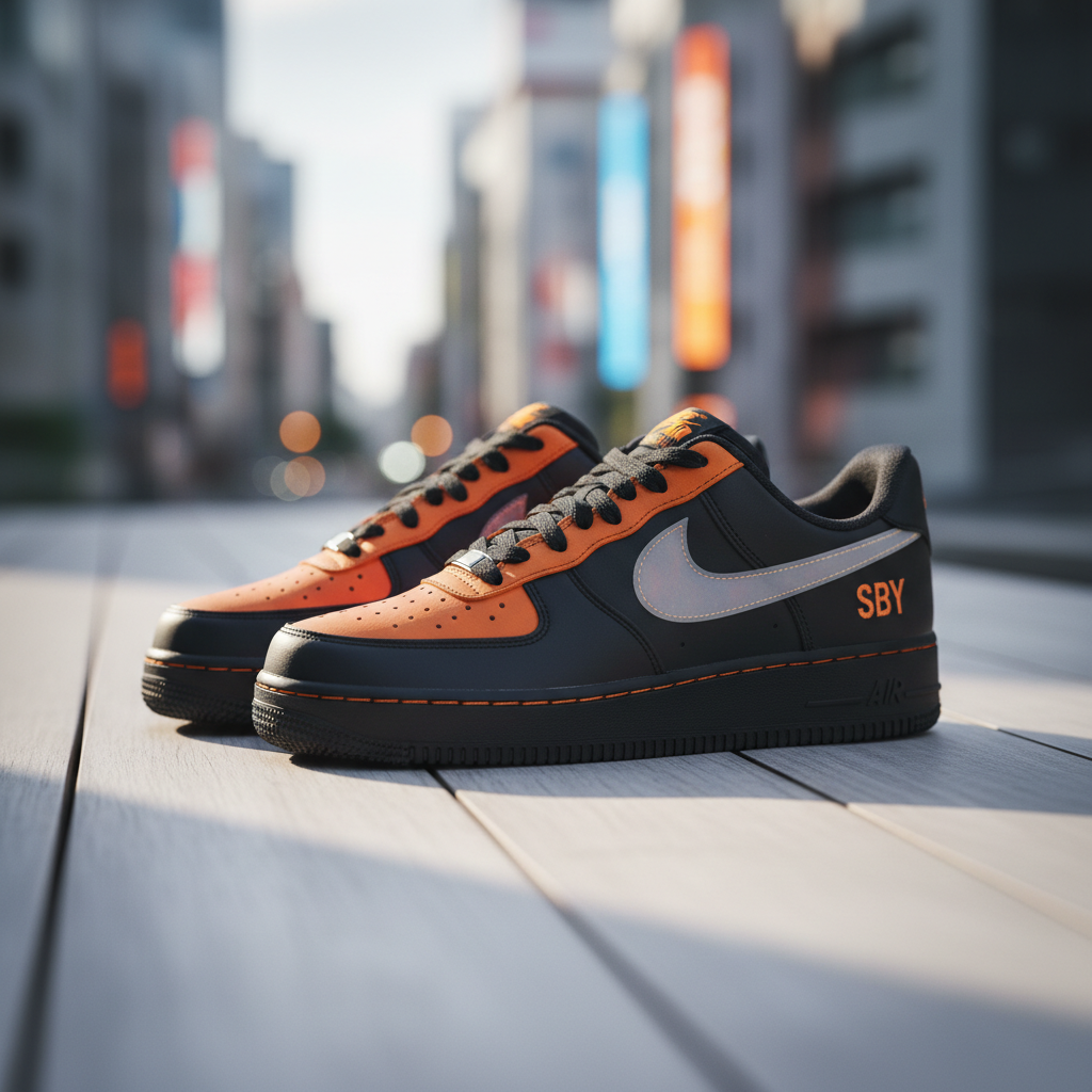 A pristine pair of Japan-exclusive Nike Air Force 1 "Shibuya" sneakers, showcasing their unique orange and black design.