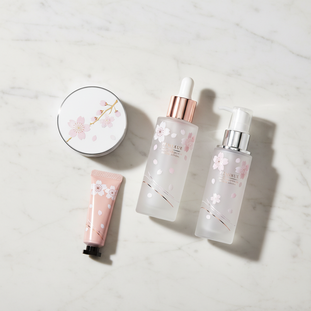 Exquisite limited edition Japanese beauty products with elegant sakura-themed packaging.