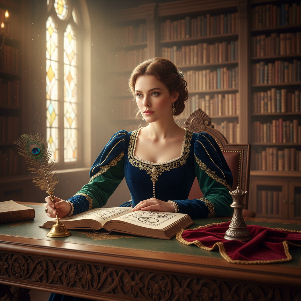 Elegant woman in an opulent gown strategically planning at a desk, embodying the cunning of a Villainess Isekai protagon