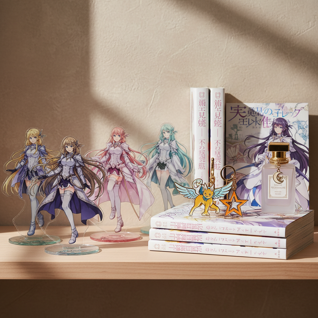 A curated collection of Villainess Isekai merchandise, including acrylic stands, keychains, and light novels, displayed 