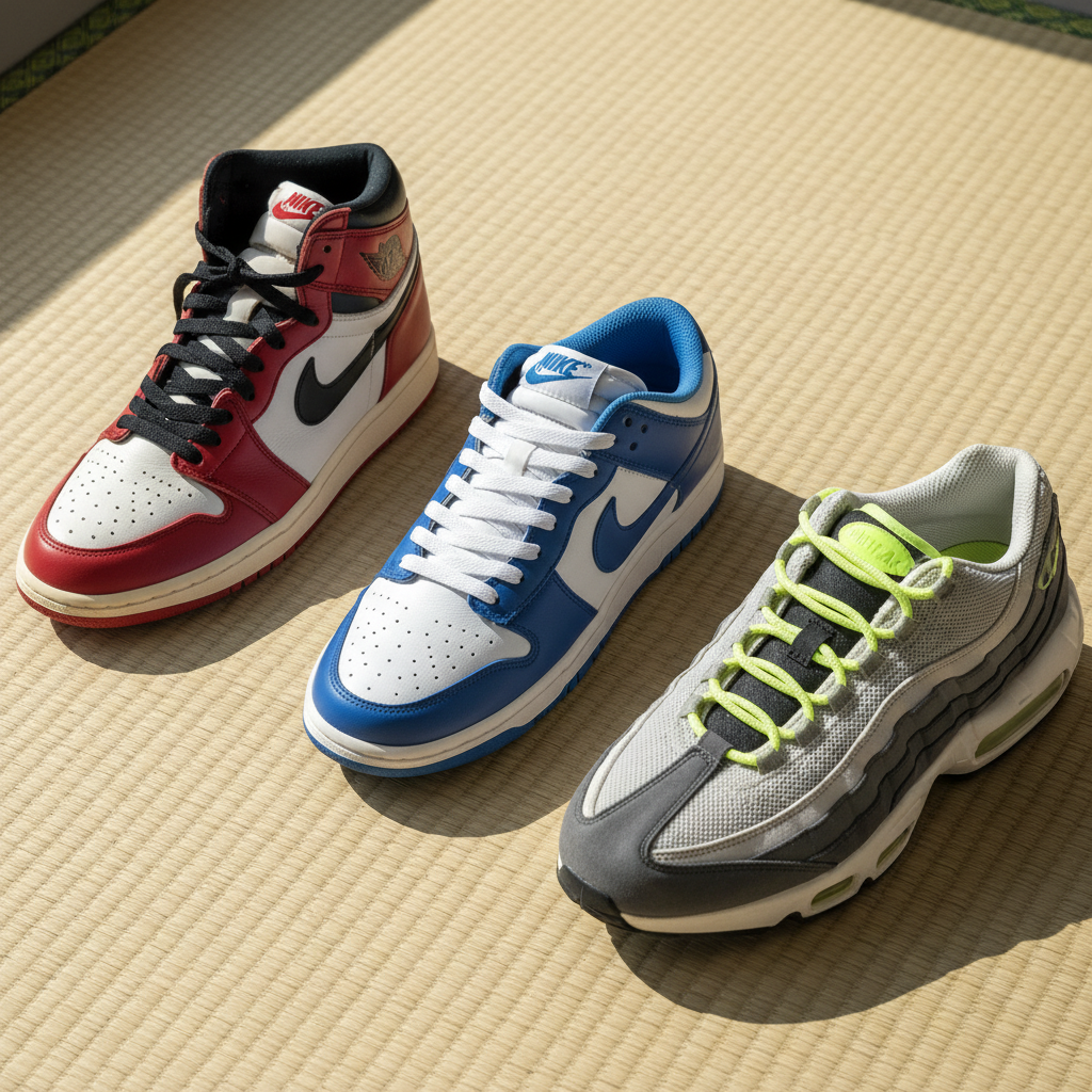 A pristine collection of vintage Nike sneakers, including Air Jordan 1s, Dunks, and Air Max 95s, on a tatami mat, repres