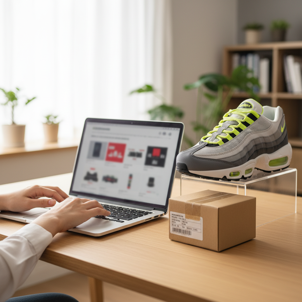 Hands interacting with a laptop displaying a Japanese online marketplace, with a vintage Nike Air Max 95 sneaker, illust