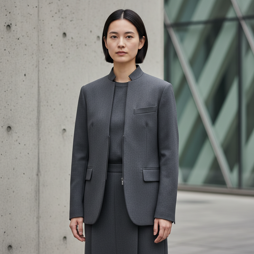A person models a charcoal gray 別注W Insulated Jacket, showcasing its minimalist Japanese design and premium quality.