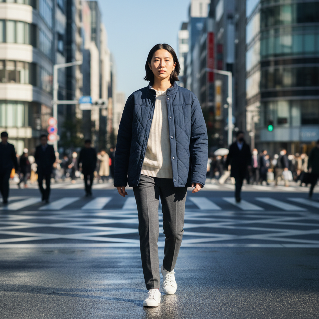 A stylish person wears a deep navy limited edition insulated jacket while walking in a modern city, ready to buy from Ja