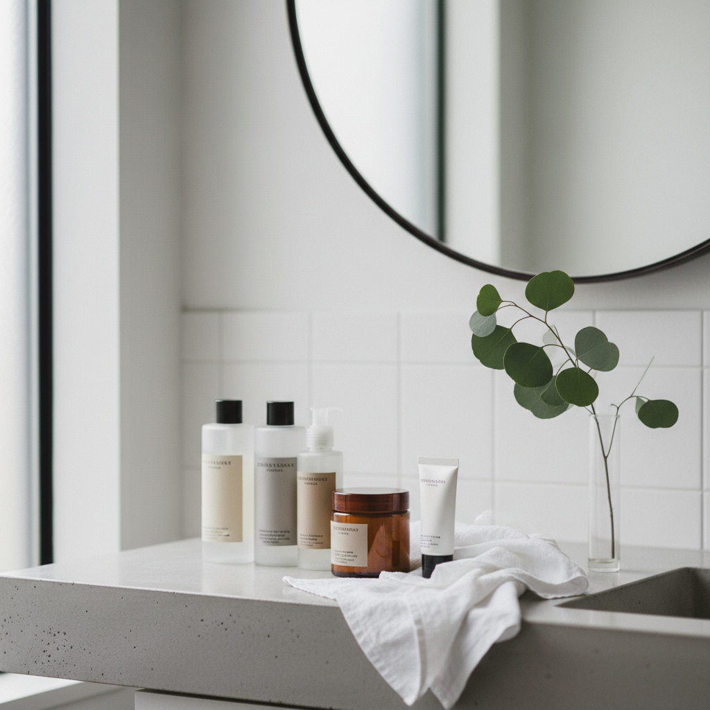 Discover the serene appeal of minimalist Japanese beauty brands with sleek products on a vanity, emphasizing natural glo