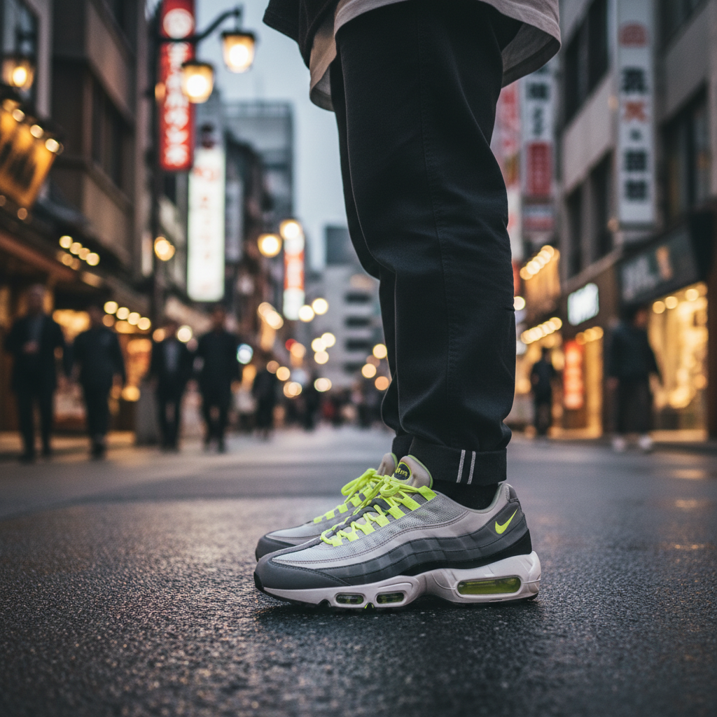 A close-up of a vibrant Nike Air Max 95 "Neon" sneaker on a Tokyo street, showcasing its iconic design and Japanese stre