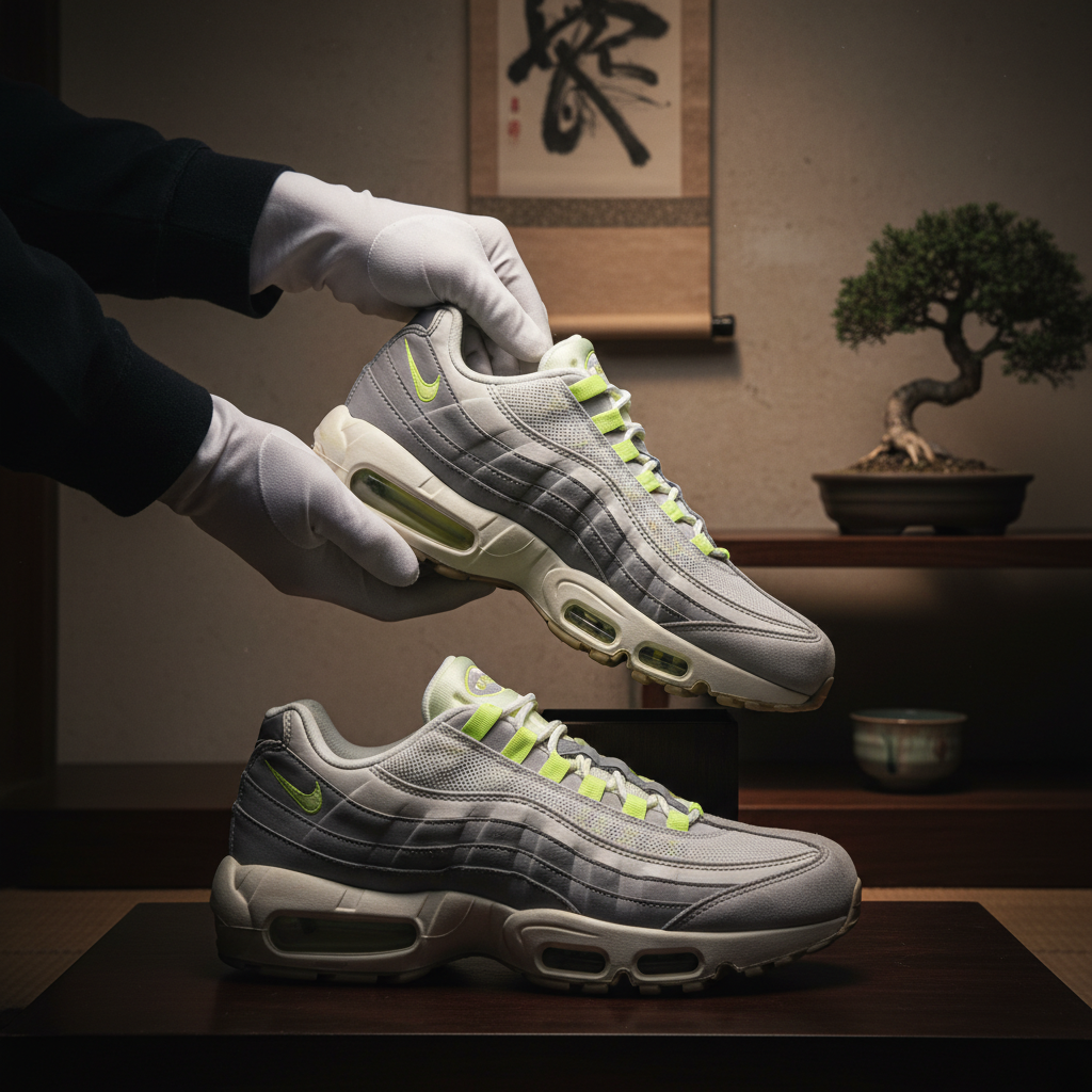 A collector carefully examining a vintage pair of Nike Air Max 95 sneakers, highlighting their historical value and the 