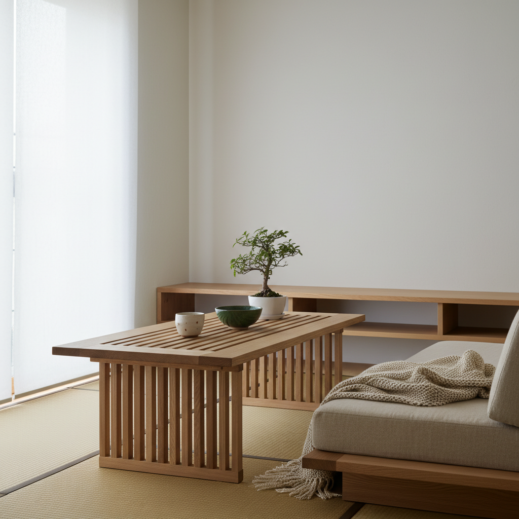 A tranquil living room decorated with minimalist Japanese home goods and natural materials, showcasing refined design.