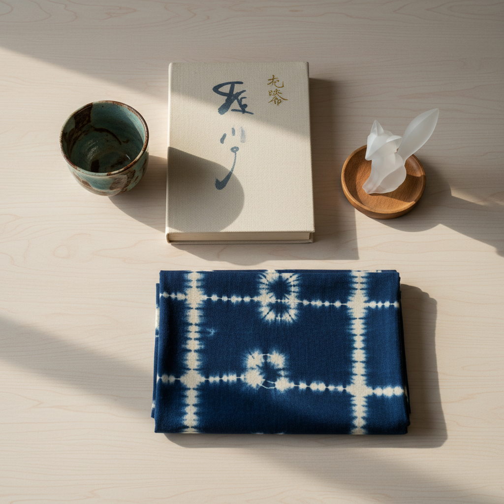 A flat lay of unique Japanese treasures: a vintage ceramic cup, art book, collectible figure, and patterned fabric, repr