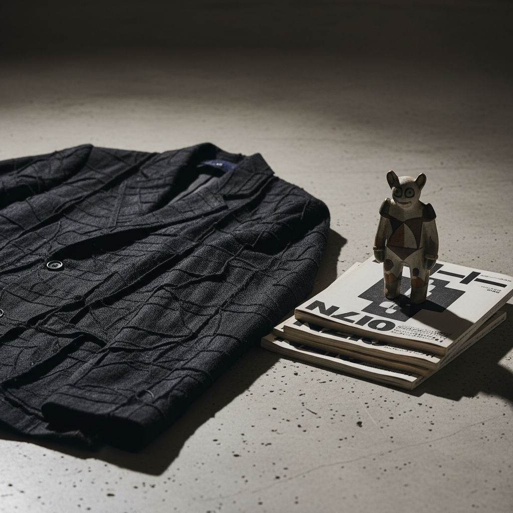 A vintage Japanese designer jacket and collectible art toy, representing rare fashion and unique items found on Yahoo Ja