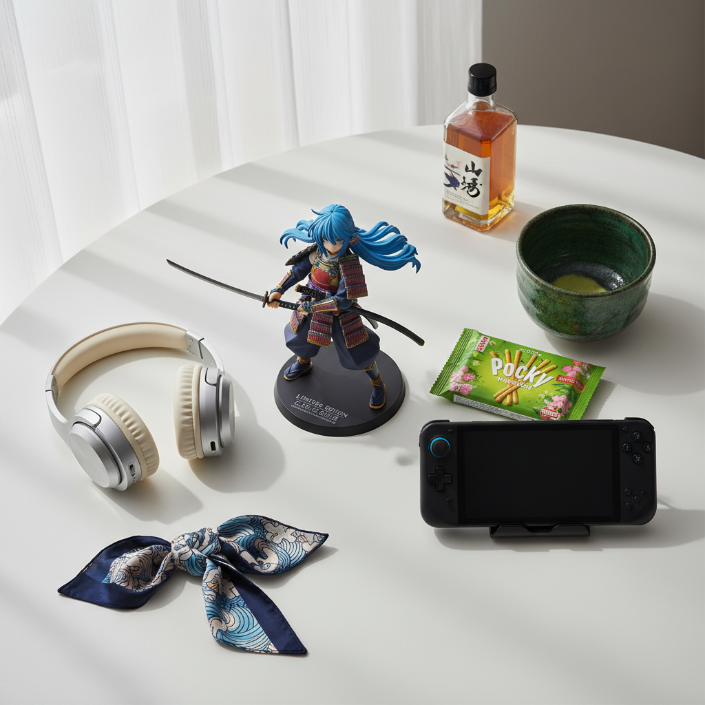 A beautifully arranged collection of authentic Japanese products, including an anime figure, ceramic bowl, and tech, acq