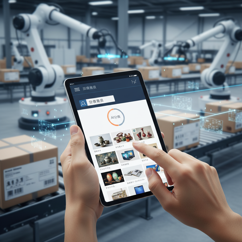 Hands using a tablet with AI image search for a Japanese product, illustrating an advanced proxy service for buying from