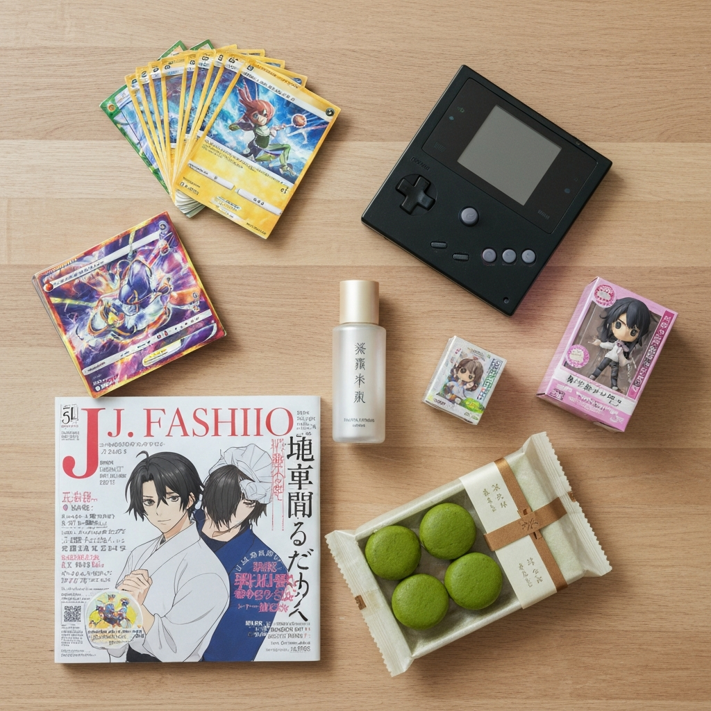 Popular Japanese products to buy from Japan: trading cards, vintage games, skincare, anime figures, fashion magazines, and traditional sweets