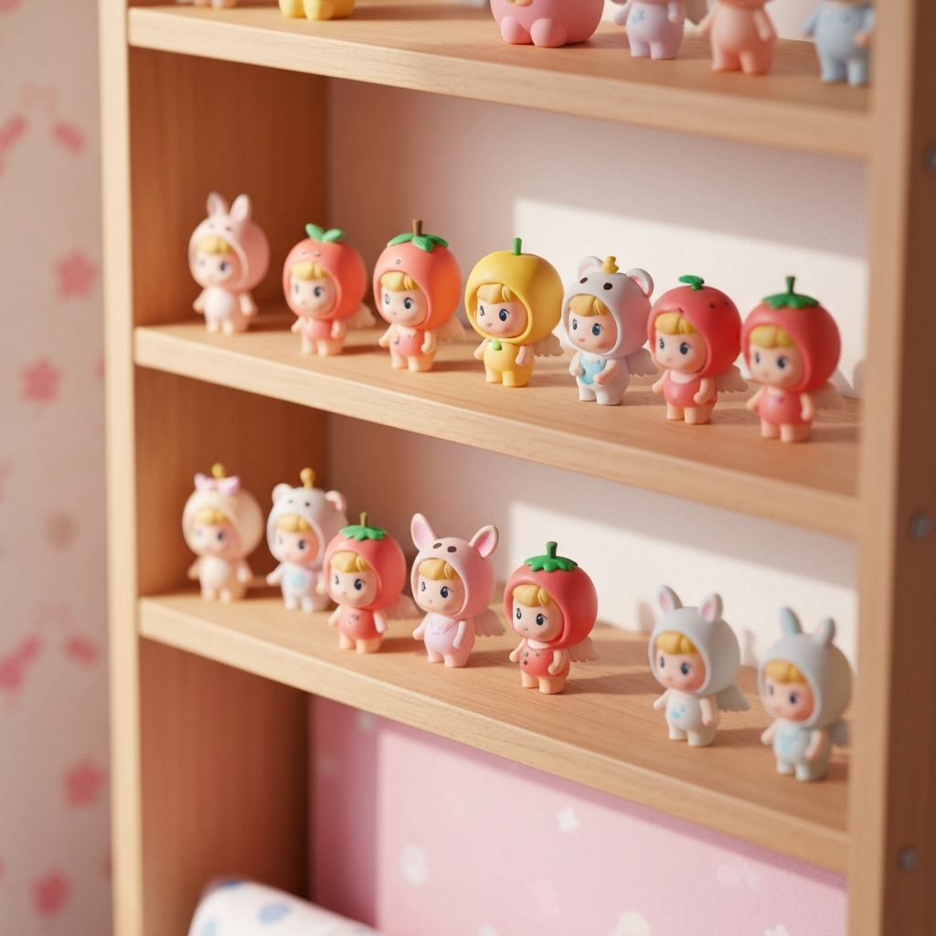 Shelf display of Sonny Angel mini figures in various costumes