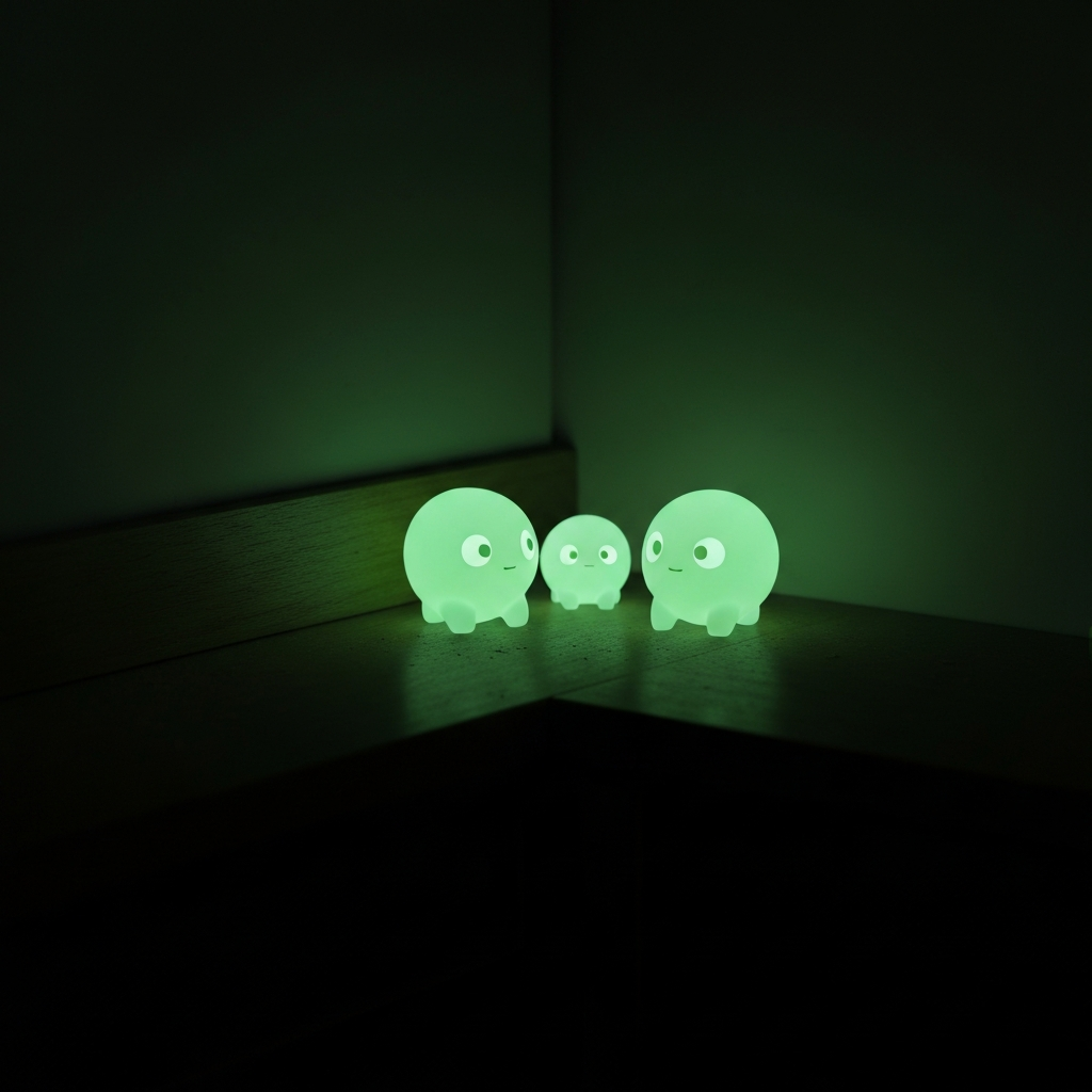 SMISKI glow-in-the-dark figures glowing green in a dark corner