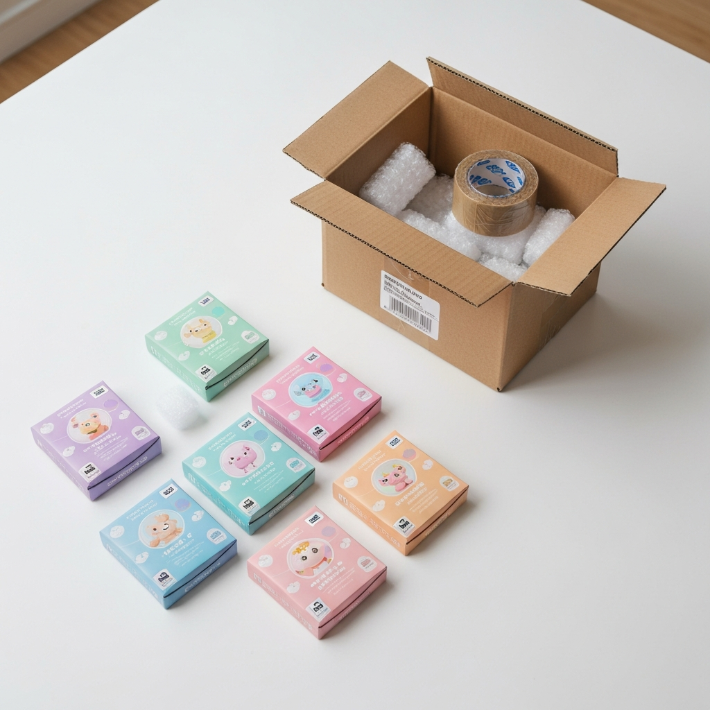 Unopened blind boxes being consolidated into a shipping box for international delivery