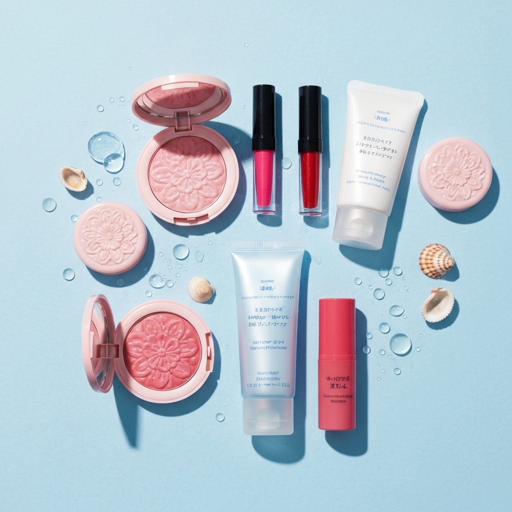 Japan summer 2026 limited-edition cosmetics flat lay with blush, lip tints and sunscreen