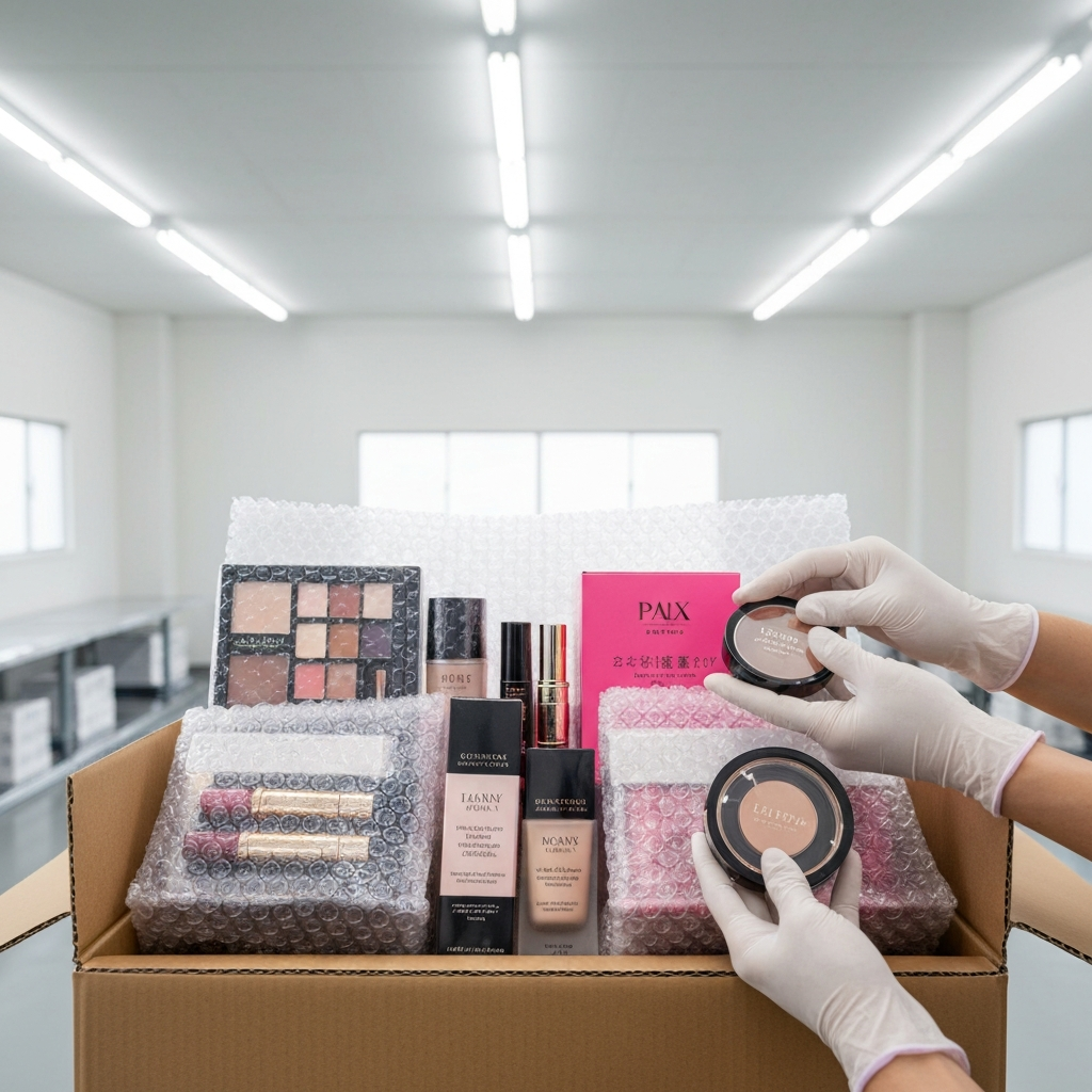 Consolidated parcel of inspected Japanese cosmetics ready for international shipping