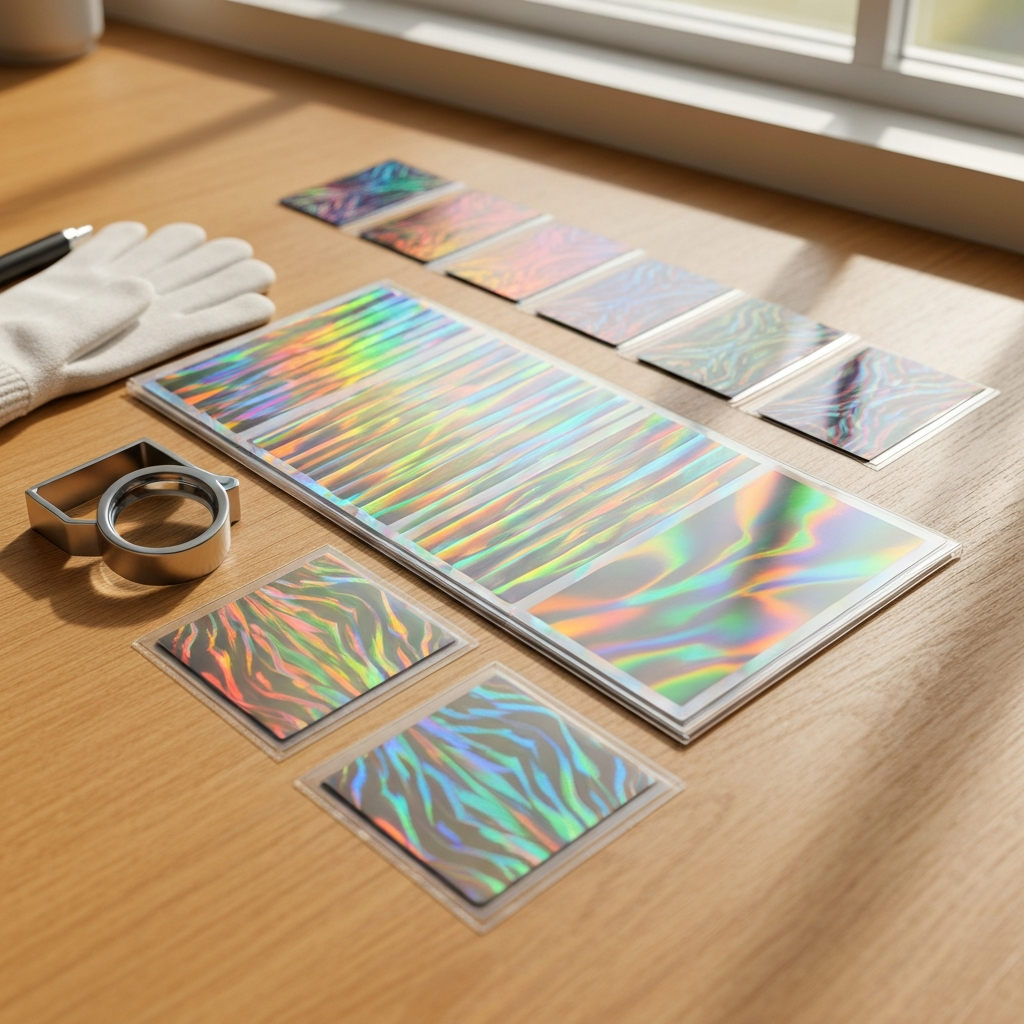 Generic holographic trading cards in protective sleeves on a wooden desk with a loupe and gloves