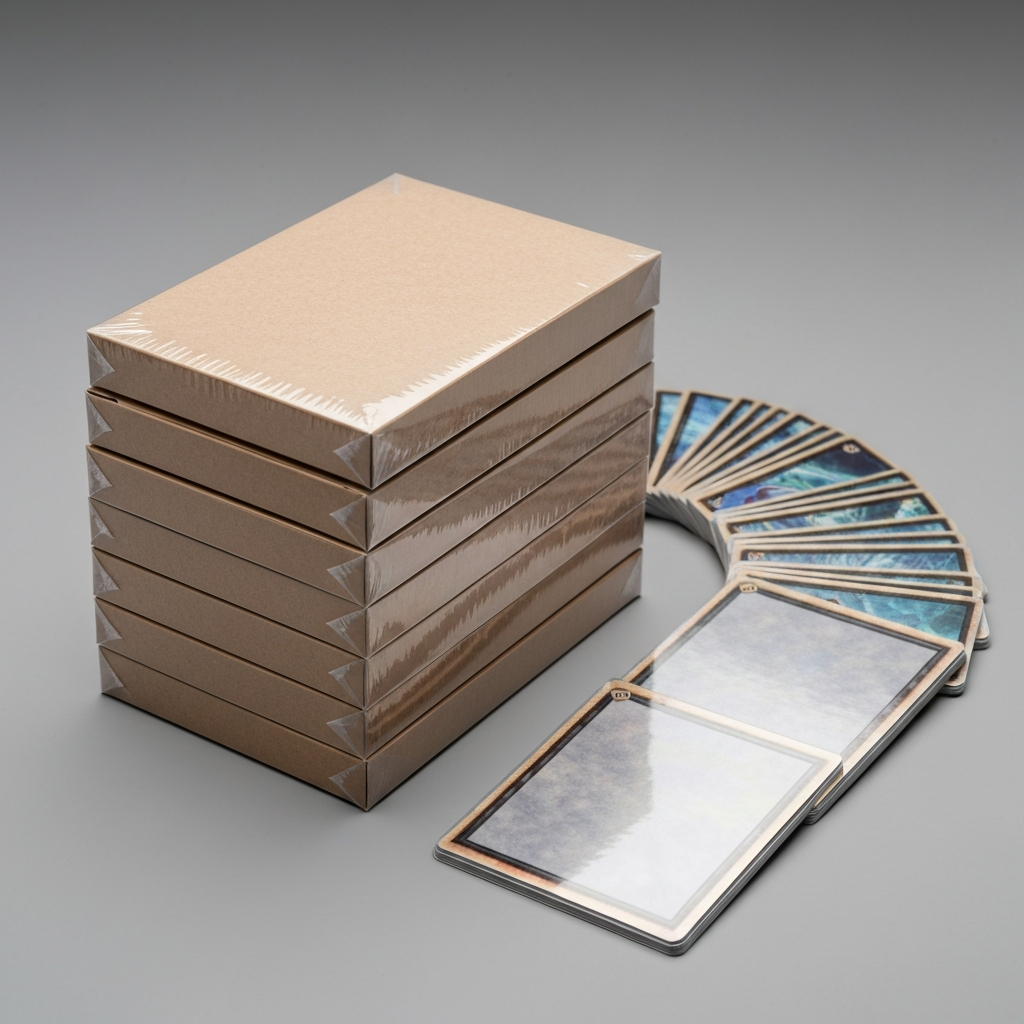 Sealed unbranded booster boxes beside generic foil singles in toploaders