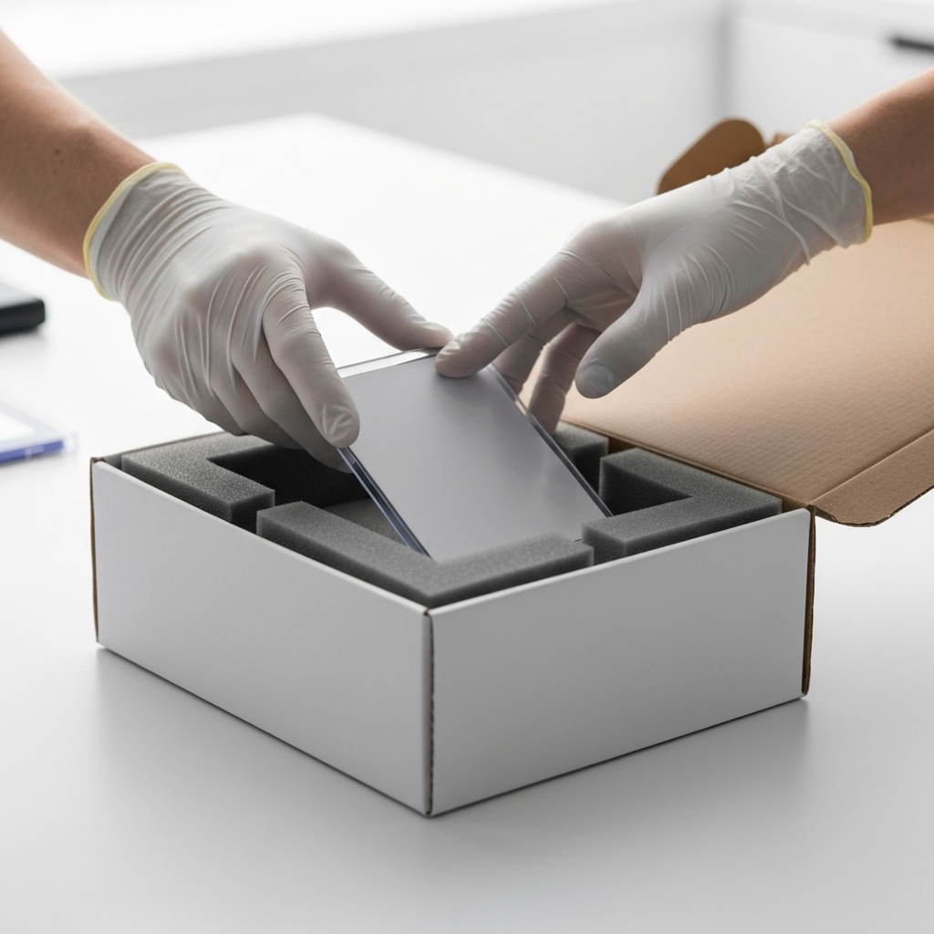 Gloved hands packing a generic graded card slab into a padded shipping box for overseas delivery