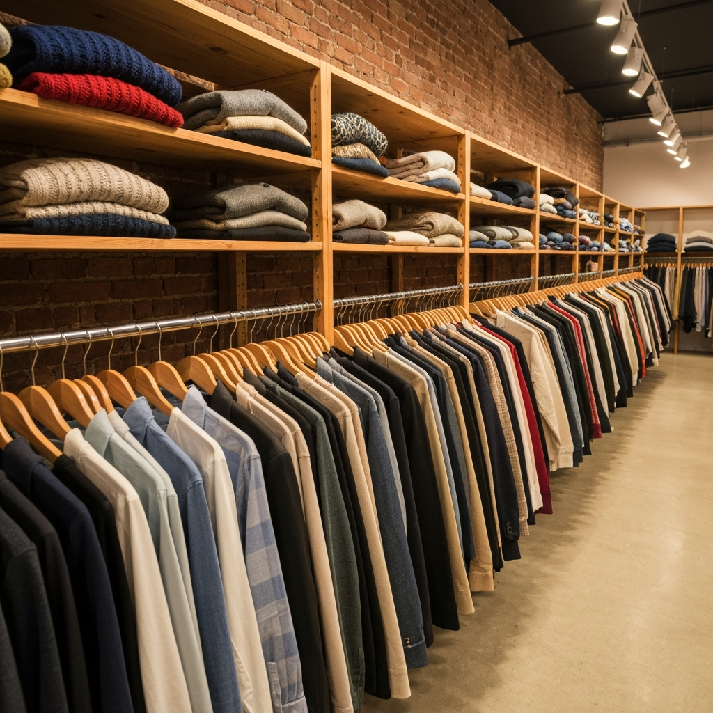 Racks and shelves of secondhand clothing at a Japanese thrift store like 2nd Street