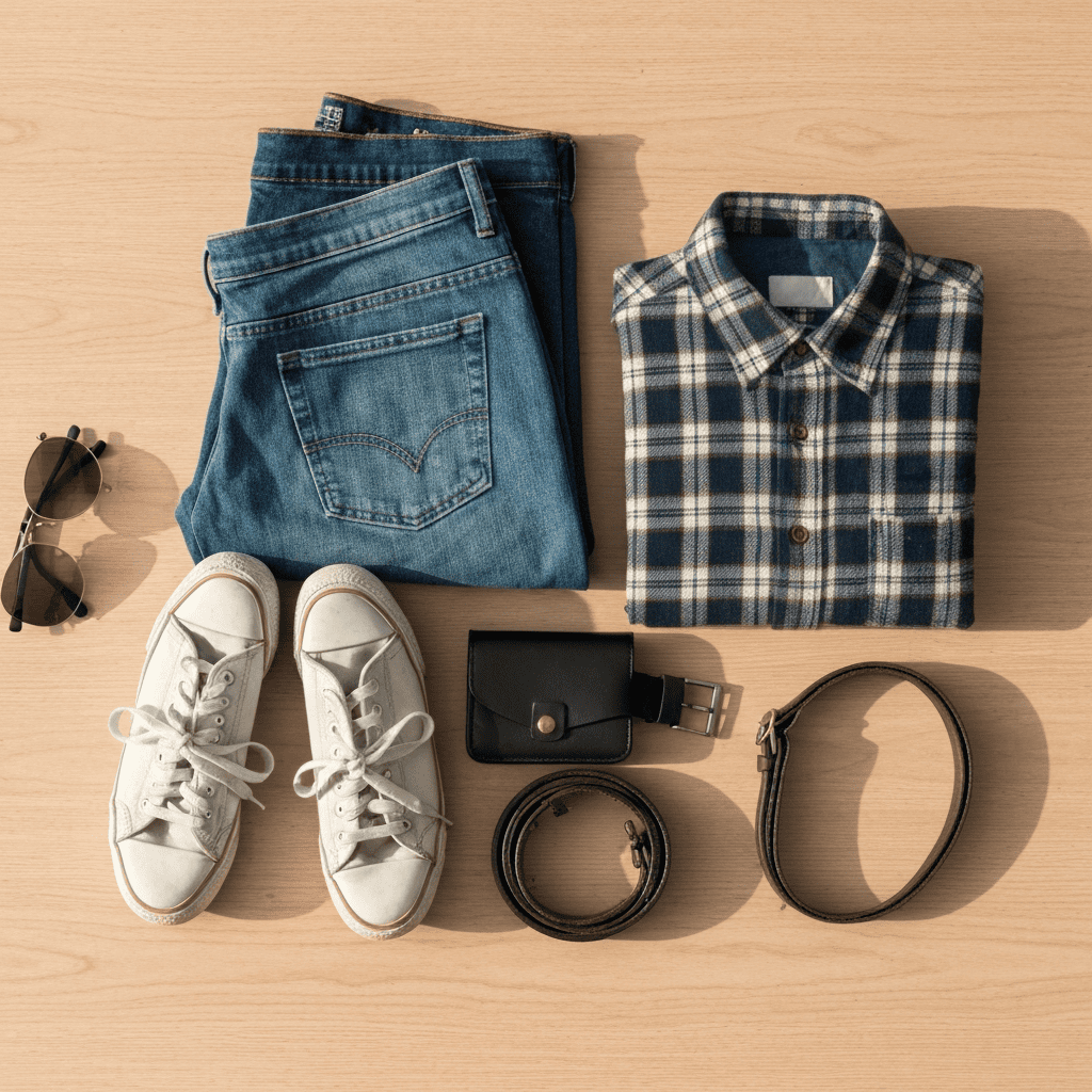 Flat-lay of secondhand Japanese fashion finds: vintage denim, sneakers, a flannel shirt, belt and bag